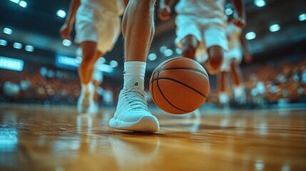Naklejka premium Close-Up of Basketball Players Dribbling on Indoor Court - White Uniforms, Focused Expressions, High Action 