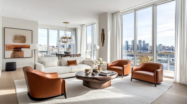 Bright living room with expansive windows and soft white curtains