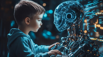 Boy with robotics81. Boy with AI coding mentor Generative AI is making its way into the programming world through AI code assistants