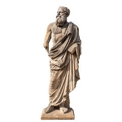 Ancient greek philosopher statue wearing a toga and holding a scroll, isolated on white background