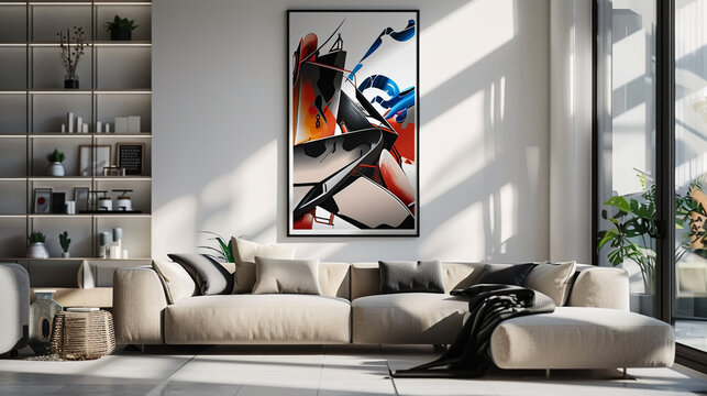 Modern sleek living room interior with a painting on white wall and a beage coloured sofa 