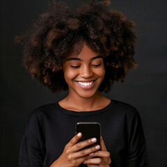 Happy Young Woman Looking at Phone.