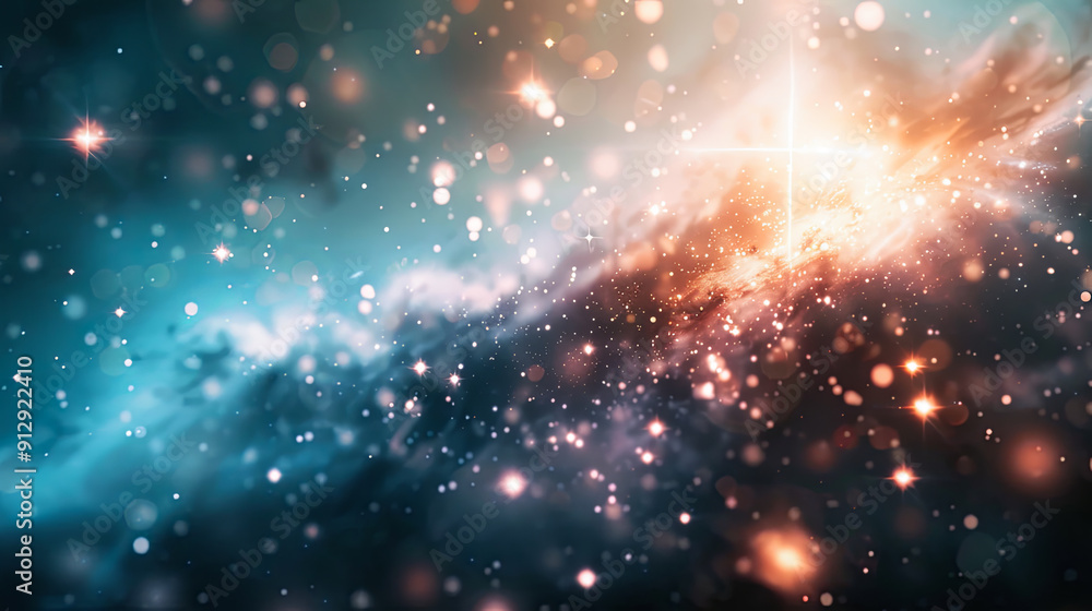 Poster abstract blue and orange background with glowing lights bokeh effect and stars universe filled with 