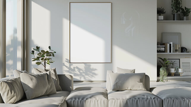 Modern sleek living room interior with a painting on white wall and a beage coloured sofa, a vase