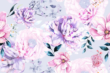 Seamless pattern of blooming flowers and peony painted in watercolor on abstract background.For fabric luxurious and wallpaper, purple style.Hand drawn botanical floral colorful pattern.