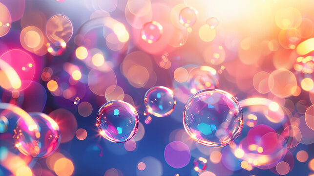 Multicolored background with soap bubbles floating dreamlike festive joyful celebration background light blur pink blue colors