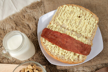 Bread with smoked beef on a plate for breakfast and coffee break	
