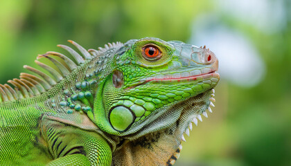 Obraz premium Iguana face. Green color body and red eyes. Animal and zoo. Exotic creature. Natural backdrop.