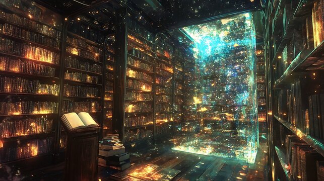 A glowing portal inside a dark and dusty library