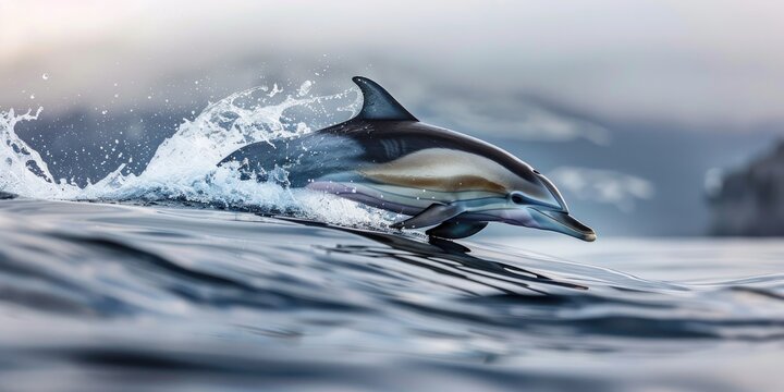Striped dolphin Stenella coreuloalba extending its body above the water s surface as it swims