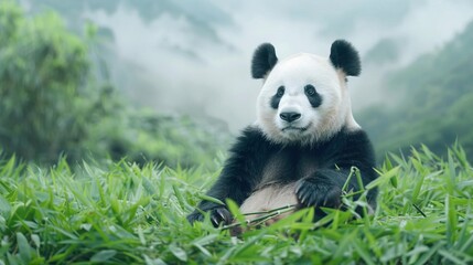 Obraz premium Giant panda munching on bamboo in misty forest.