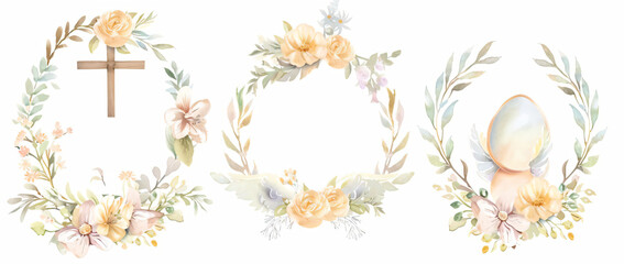 Watercolor Floral Wreaths with Easter Elements.