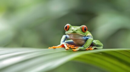 Obraz premium Red-eyed tree frog on tropical leaf, vivid colors.