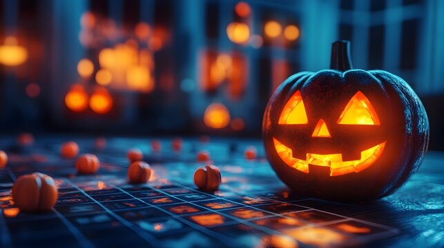 Festive Halloween Bingo Table with Glowing Pumpkin Silhouette