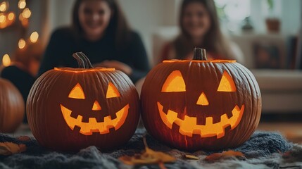 Fototapeta premium Parent Leading Halloween Storytime with Spooky but Fun Tales in Cozy,Warm Home