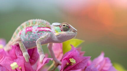 Camouflaged chameleon on colorful flower, changing colors.