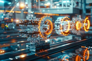 A close-up shot of a complex machine with gears and metallic parts in a factory setting. The machine is illuminated by warm orange lights, creating a futuristic and industrial aesthetic.