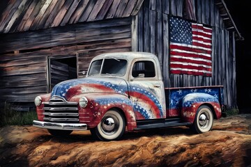 Red vintage pick up truck with American flag 