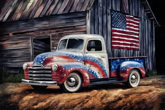 Red vintage pick up truck with American flag 