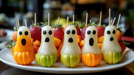 Spooky Fruit Kabobs Shaped as Ghosts and Pumpkins,Vibrant and