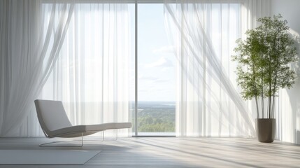Contemporary room with white sheer curtains framing a large window