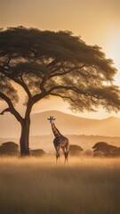 A giraffe stands before an acacia tree under a serene savannah sunset. (151 characters)