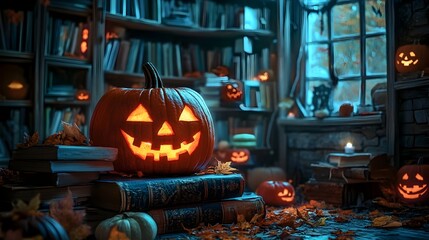 Fototapeta premium Spooky Halloween Storybooks in Cozy Library Setting