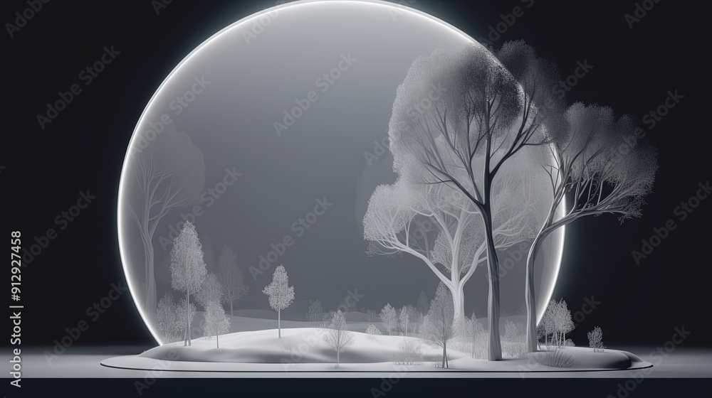 Aufkleber Interior with circular architecture form in 3D style. Abstract room with arc element and trees.