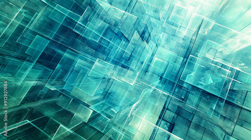 Poster abstract technology background with blue and green transparent cubes blockchain data technology big 