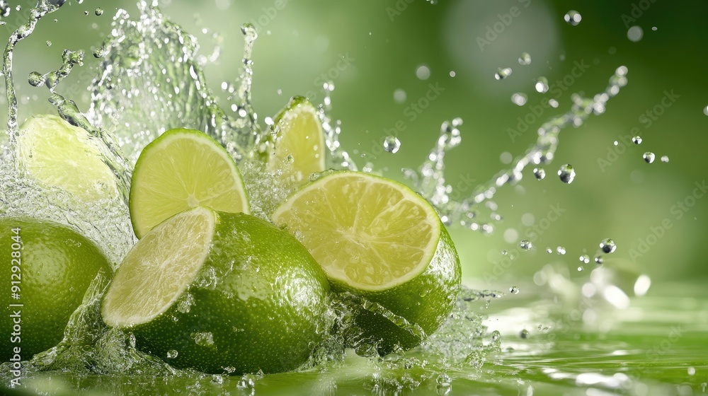Poster dynamic close-up of lime juice splashing with lime wedges, emphasizing the zesty freshness and vibra