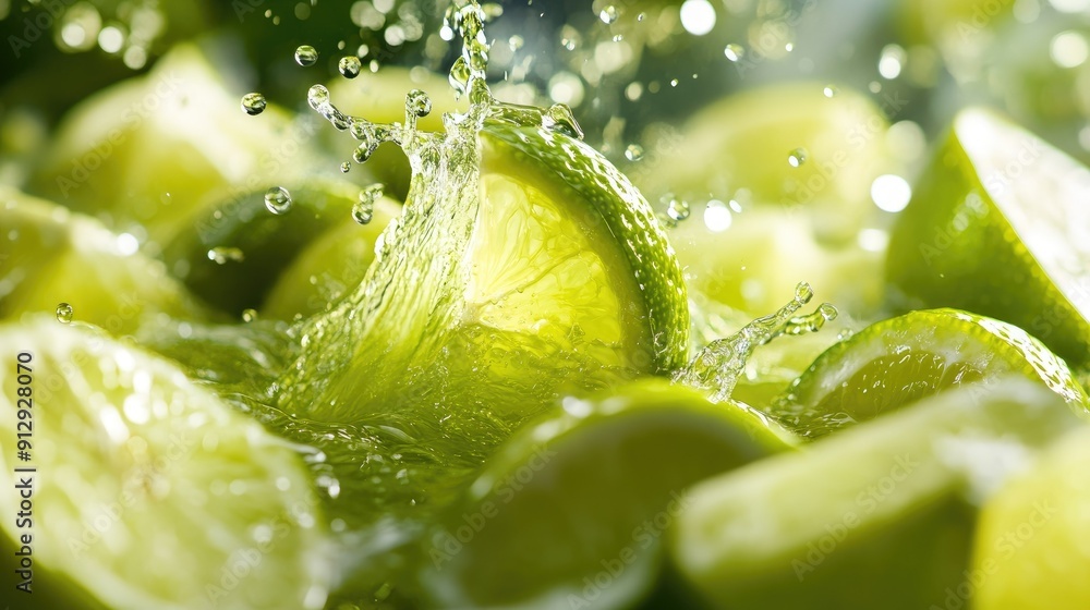 Poster dynamic close-up of lime juice splashing with lime wedges, emphasizing the zesty freshness and vibra