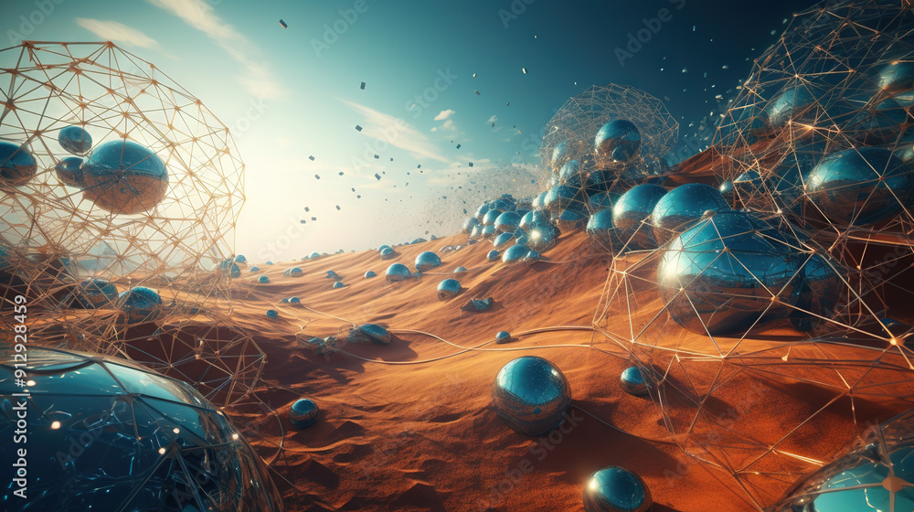 Leinwandbilder Abstract scfi-fi landscape with connected 3D balls and molecular grid structure. Futuristic surreal abstraction.