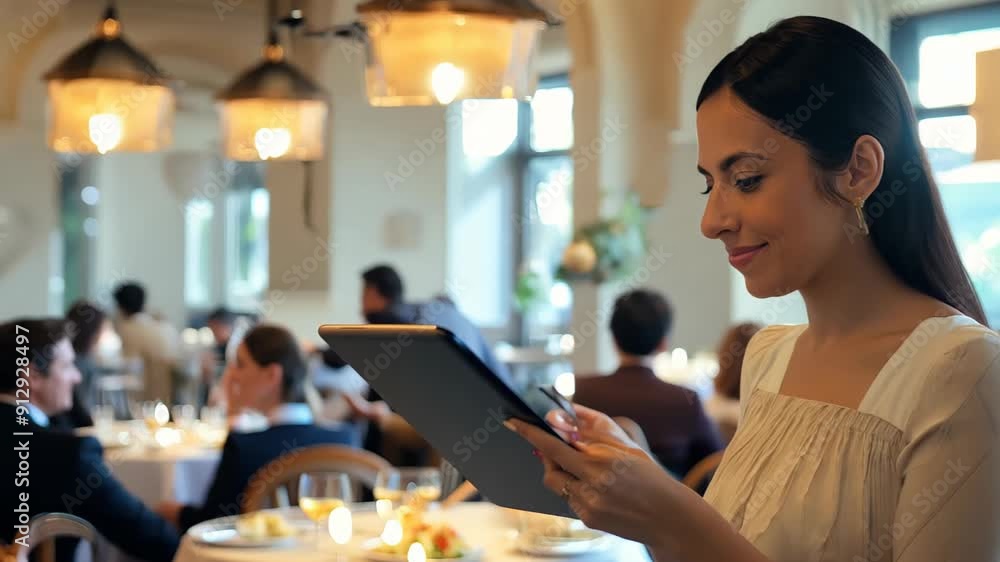 Aufkleber a woman in a restaurant holds a tablet with graphs and data displayed on the screen. concept: data a