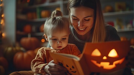 Parent Reading Halloween Story to Child in Cozy Autumn Setting