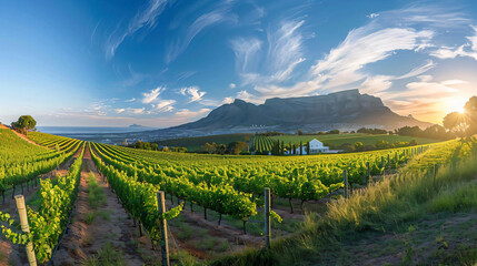 Fototapeta premium Vineyard Landscape with Table Mountain in the Background.