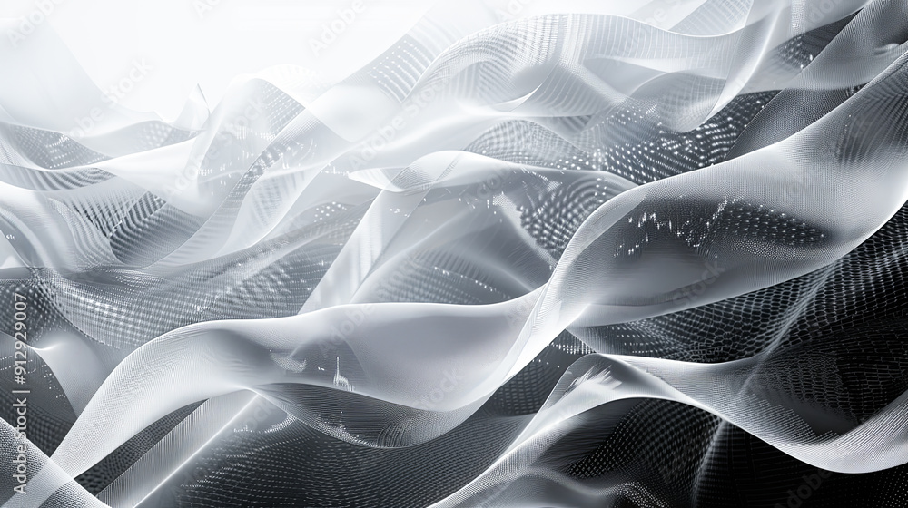 Poster abstract digital landscape with flowing particles and plexus effect white wavy surface on black back