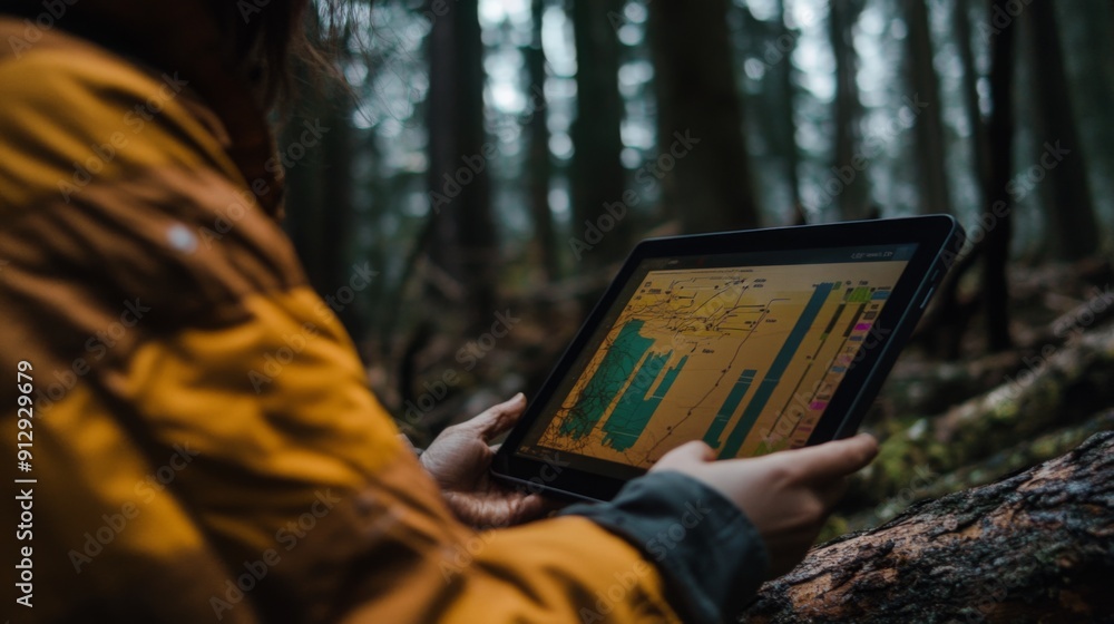 Poster a person in an orange jacket uses a tablet to analyze data in a foggy forest, surrounded by trees an