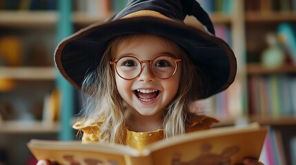 Excited Child Captivated by Friendly Witch Story in Cozy Library Setting