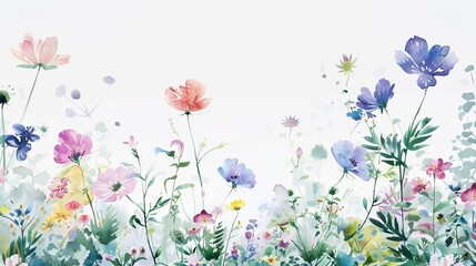 Pastel watercolor meadow with various blooming flowers