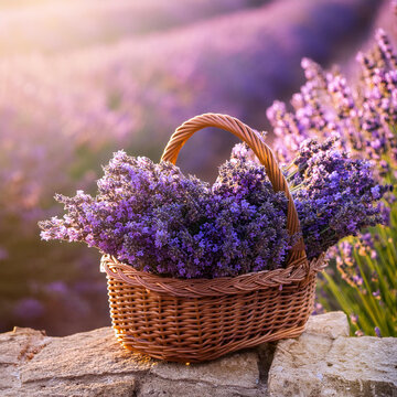 Lavender flowers in a basket. With the background blurred.