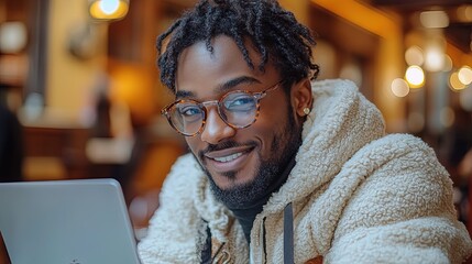 Young black man smiling using laptop in cafe