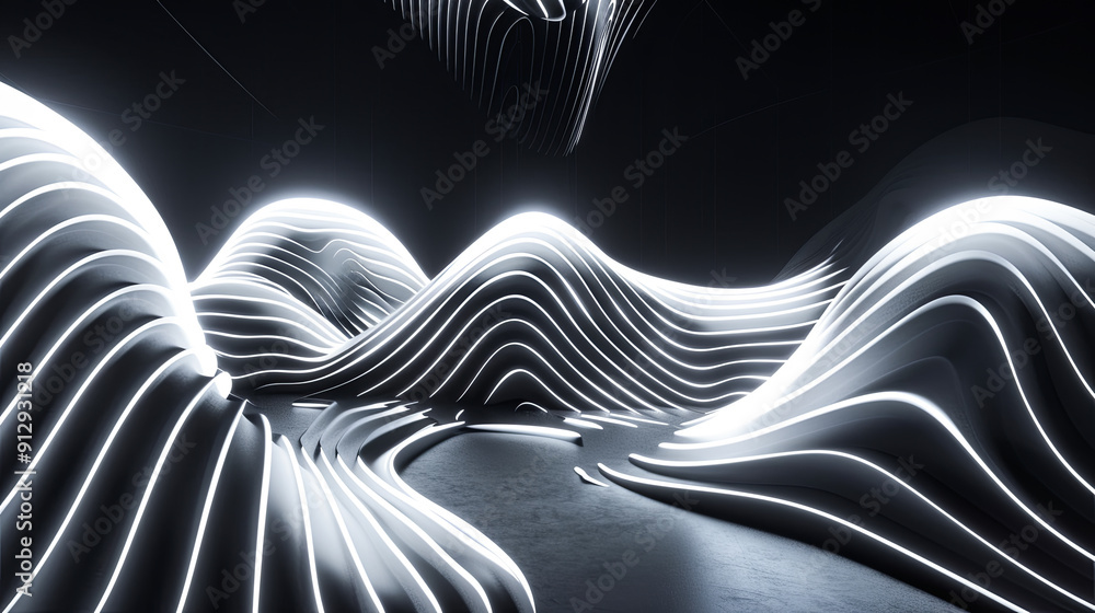 Poster empty dark space with wavy structure white neon light illuminate background modern architecture futu