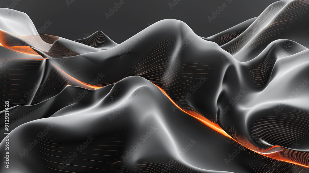 Poster 3d render of abstract black wavy background with glowing orange lines futuristic waves design parame