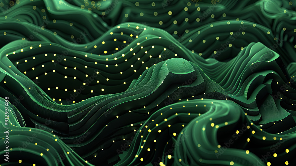 Aufkleber abstract green waves background with golden dots data visualization big data artificial intelligence