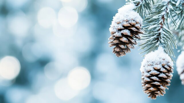 Wintery close-up of pine cones on a branch, adorned with snow, offering a serene background with ample copy space.
