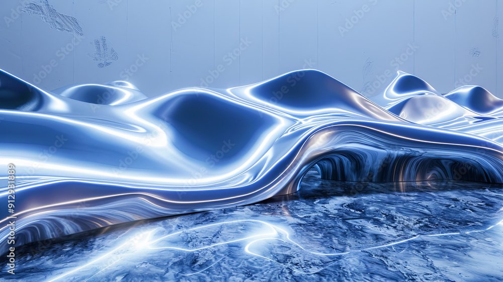 Poster abstract architecture background metallic fluid curved shape with reflection blue light in empty spa