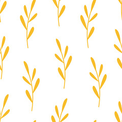 Floral seamless pattern. Autumn yellow brunches on white background. Simple leaves ornament.