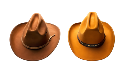  Two brown cowboy hats with studded leather bands. Transparent PNG for versatile use. Perfect for Western, rodeo, or costume party themes.
