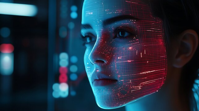 A Woman's Face with a Red Grid-Like Pattern Superimposed