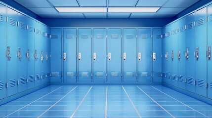 Spacious locker room with blue lockers and flooring